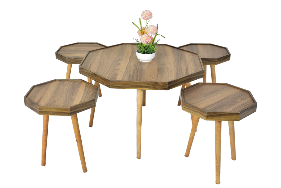 סט שולחן משושה כולל 4 שרפרפים מעץ